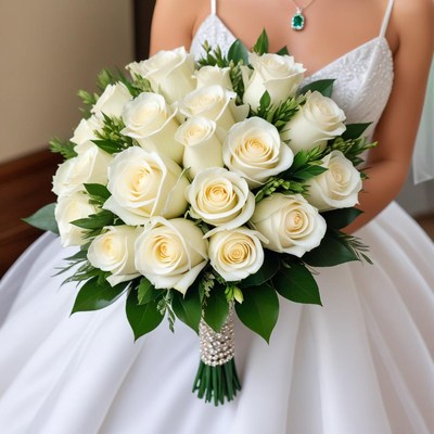 Elegant bride holding white rose bouquet