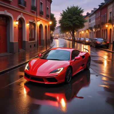 Sportscar on wet street at dusk