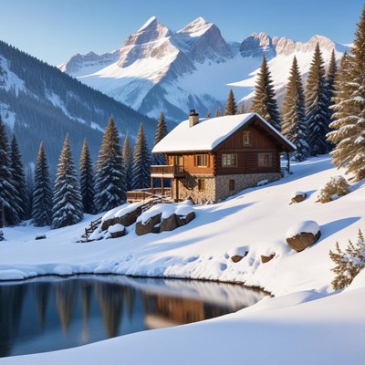 Winter cabin in mountain landscape