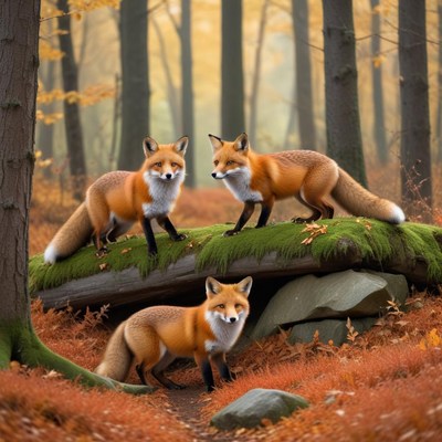 Foxes in a tranquil forest