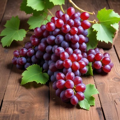 Fresh red grapes on wooden table