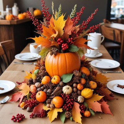 Autumn centerpiece with pumpkins and leaves