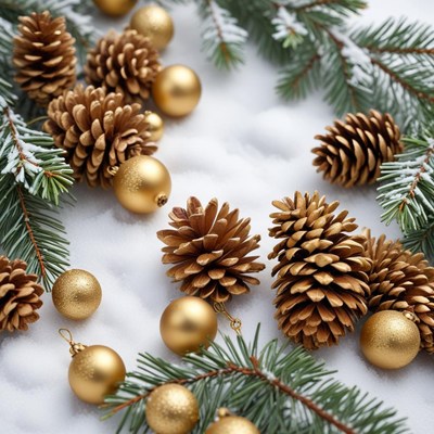 Golden pinecones and ornaments on snow