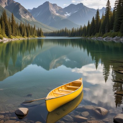 Serene canoe on mountain lake