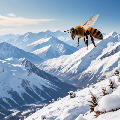 Bee flying over snowy mountains