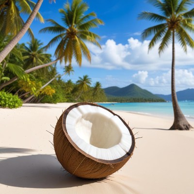 Coconut on sandy beach shore