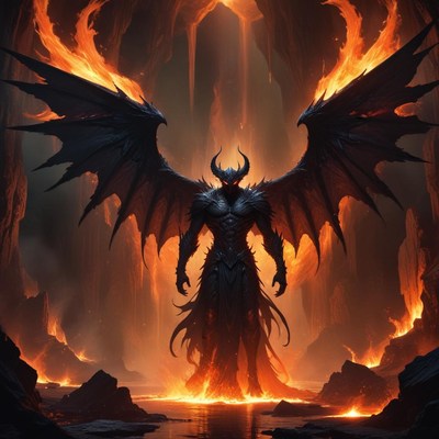 Dark angel in fiery cave environment