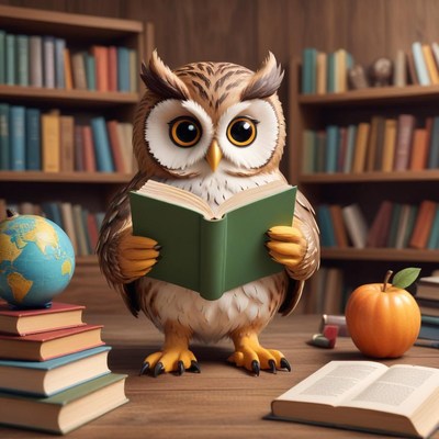 Wise owl reading a book in library