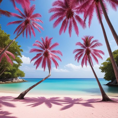 Pink palm beach scene under blue sky