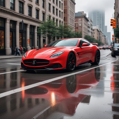 Red sports car on rainy city street