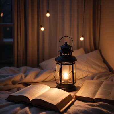 Cozy reading nook by lantern light