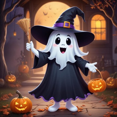 Friendly ghost celebrating halloween night