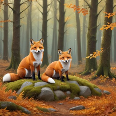 Foxes resting in autumn forest