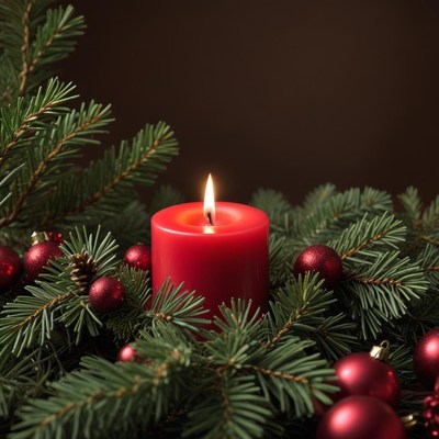 Red candle with christmas decorations