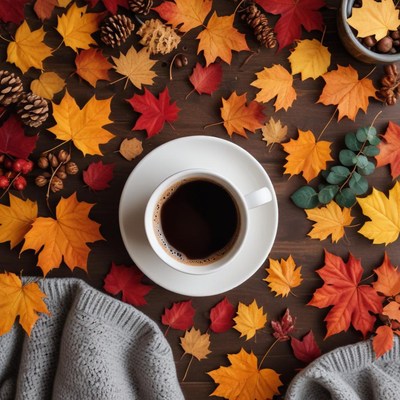 Cozy autumn coffee scene with leaves