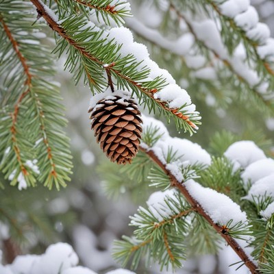 Snow-covered pine cone on tree branch