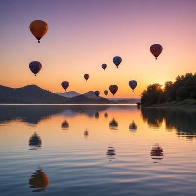 Hot air balloons over tranquil lake