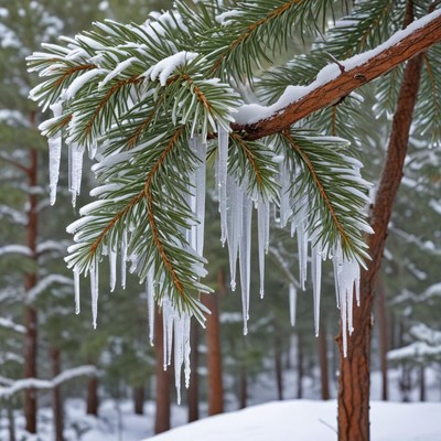 Winter icicles on pine branch