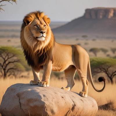 Lion resting on rock in savanna
