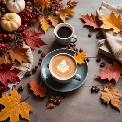 Cozy autumn coffee scene with leaves