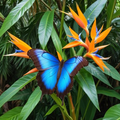 Brilliant blue butterfly on tropical flower