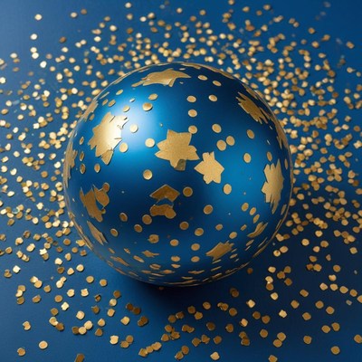 Blue and gold decorative ornament with confetti