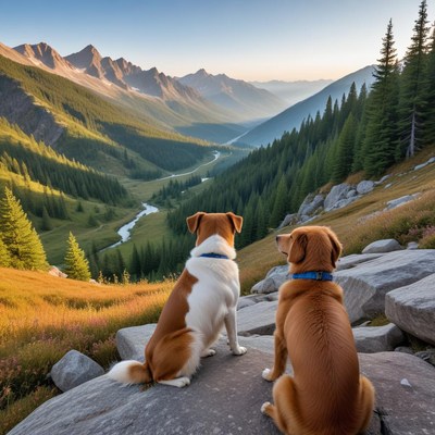 Dogs enjoy mountain view at sunrise
