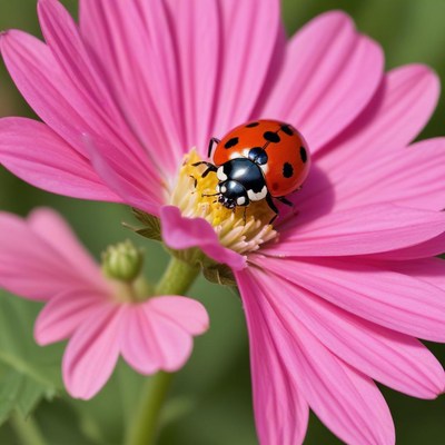 Ladybug on pink flower in spring