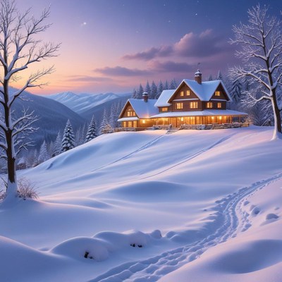 Cozy winter cabin at dusk
