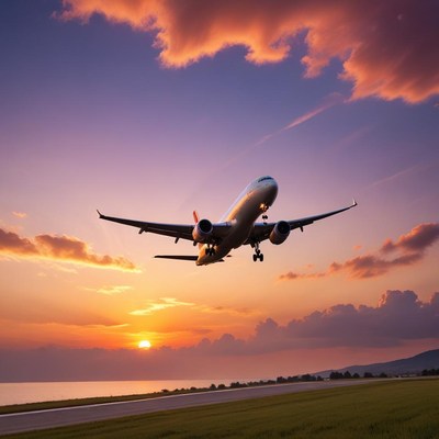 Plane taking off at sunset