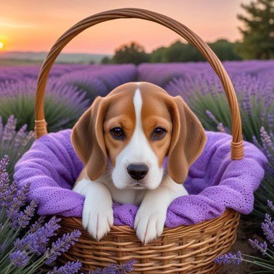 Beagle puppy in lavender basket