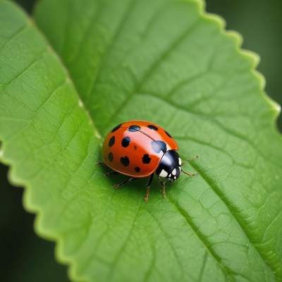 Bright ladybug on green leaf
