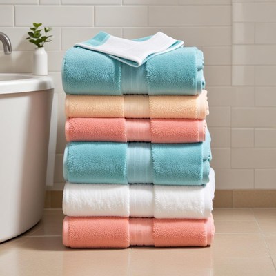 Colorful towels neatly stacked in bathroom
