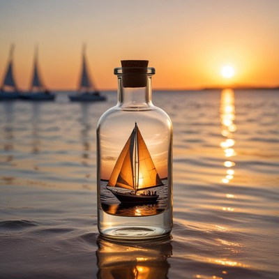 Glass bottle with sailing boat