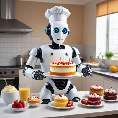 Robot chef prepares cakes in modern kitchen
