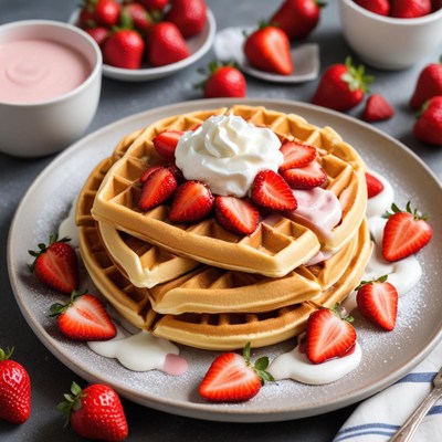 Delicious waffles with fresh strawberries