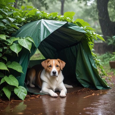 Dog resting under a green shelter