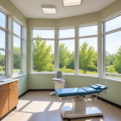 Bright medical exam room with views