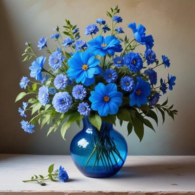 Bright blue floral arrangement display