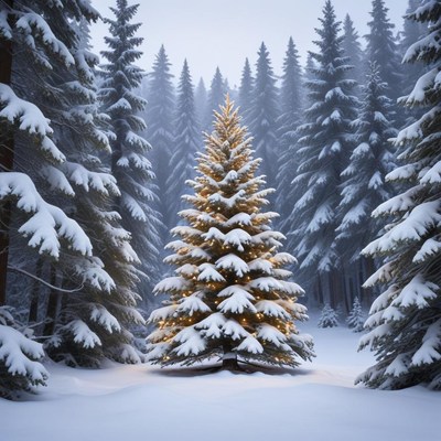 Snowy forest with christmas tree
