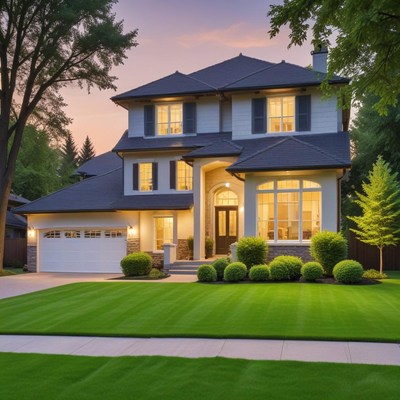 Elegant home at sunset in a tranquil neighborhood