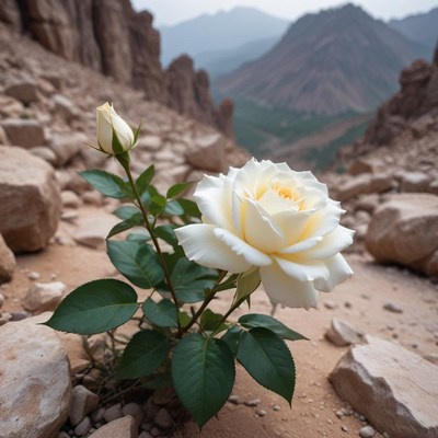 White rose blooming in rocky landscape