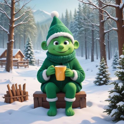 Cozy green character in winter scene