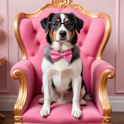 Dog in stylish bow tie posing on chair