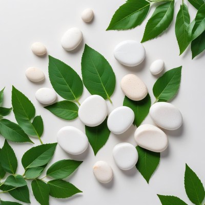 Natural stones and green leaves arrangement