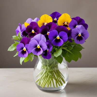 Bright pansy bouquet in clear vase