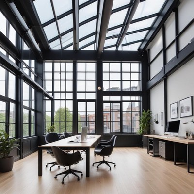 Modern office space with large windows