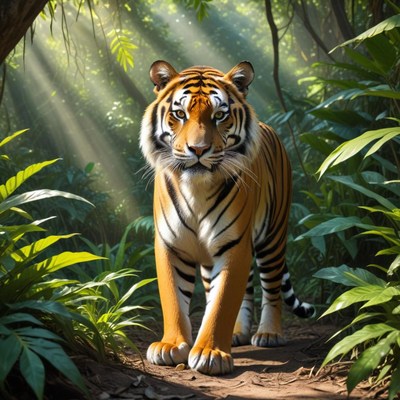 Majestic tiger walks through lush forest