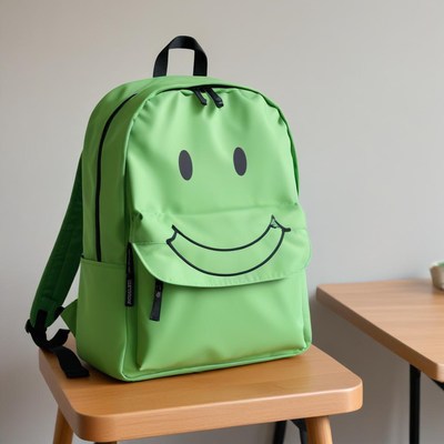 Green backpack with smile design