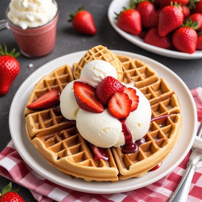 Waffle topped with strawberries and ice cream